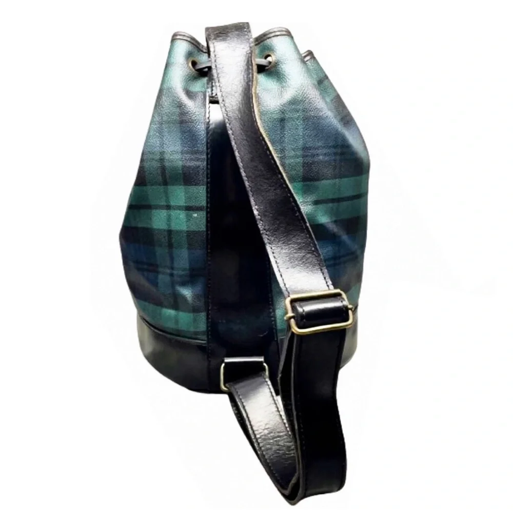 M RALPH LAUREN Black Watch Plaid Drawstring Backpack Sling Messenger Bag Vintage
